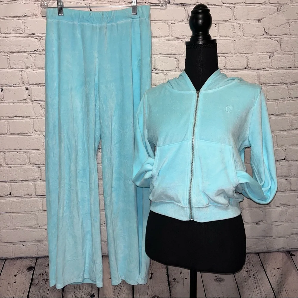 Vintage Y2K Lonely Ghost Blue Velour Bling Rhinestone Tracksuit Matching Set - Picture 14 of 15
